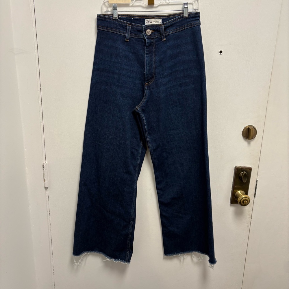 Zara Indigo High-Rise Wide-Leg Crop Jeans